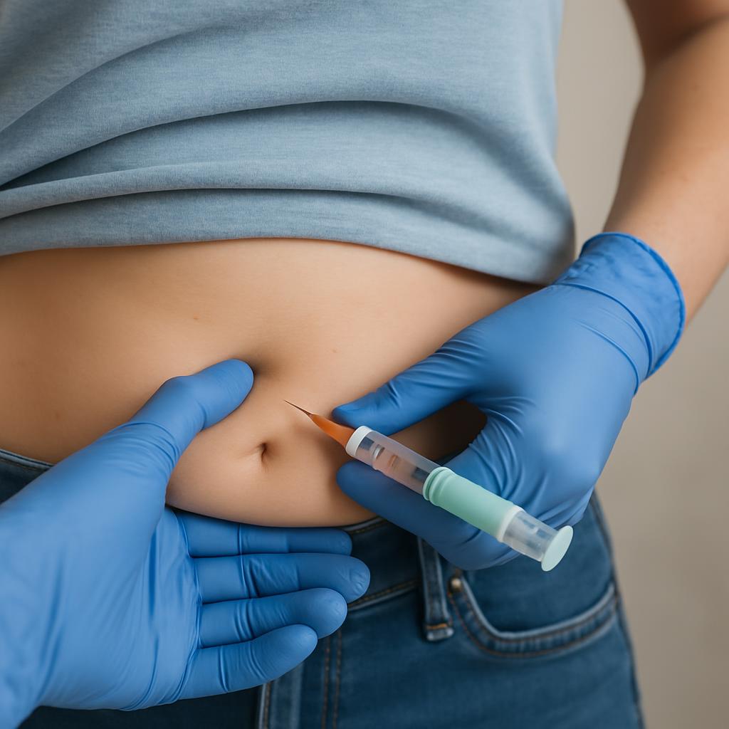 A person in a pair of blue gloves using a syringe to inject into their lower abdomen.