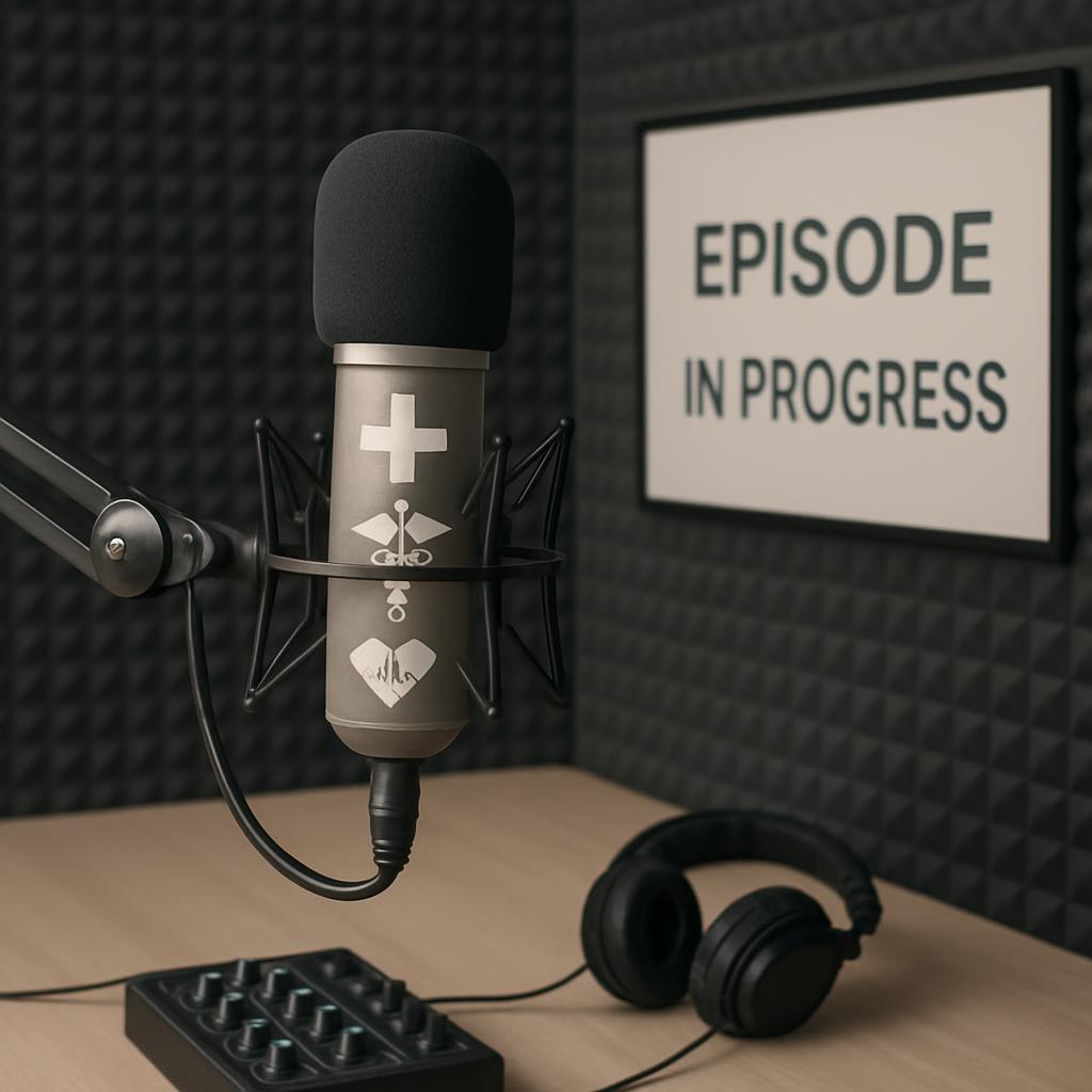 A close-up photograph of a recording studio setup, featuring a microphone with distinctive proprietary logos against a pat...