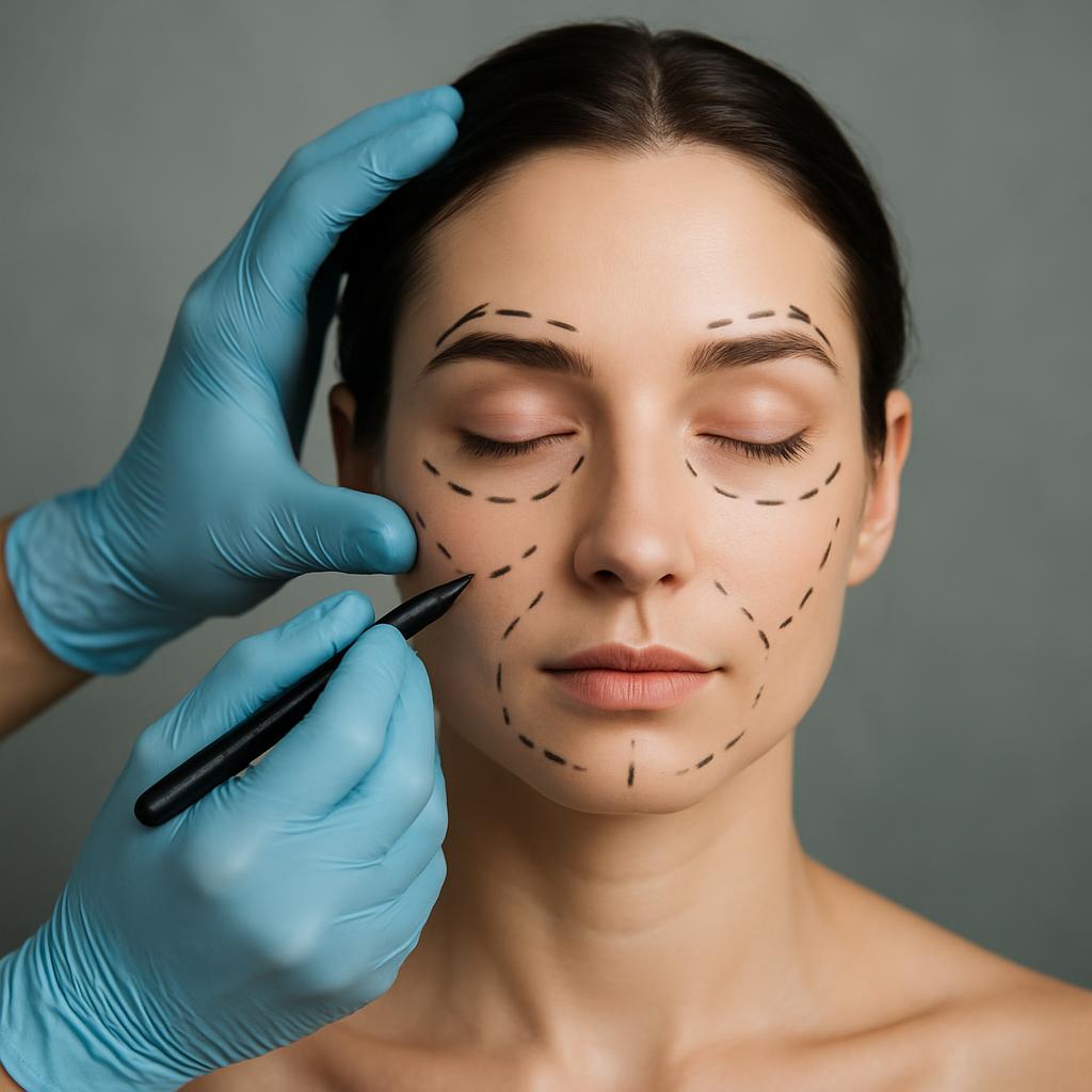 A woman with brown hair and closed eyes, wearing blue surgical gloves, holding a black marker and dotted lines drawn on he...